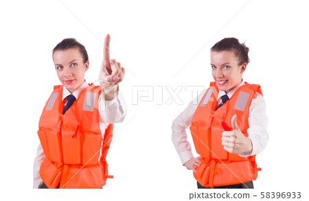 Woman in vest pressing virtual buttons 58396933