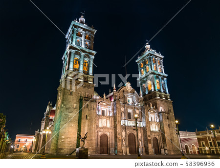 Puebla Cathedral in Mexico at night 58396936