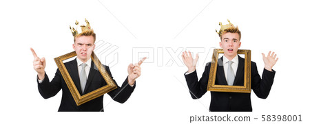 Man with picture frame isolated on the white 58398001