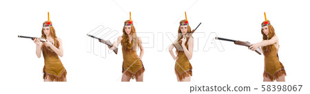 Indian woman with rifle on white 58398067