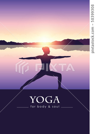 yoga for body and soul meditating person silhouette by the lake with mountain landscape yoga for body and soul meditating person silhouette by the lake with mountain landscape 58399308