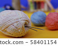 Woolen thread and knitting needle.  58401154