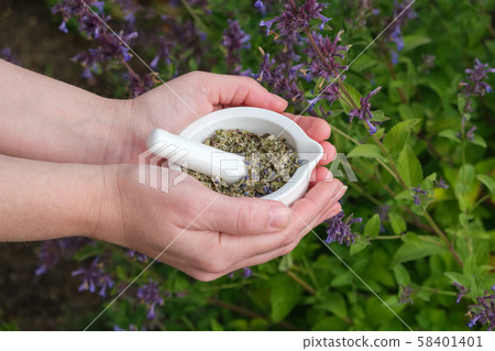 Woman holds a mortar of medicinal herbs 58401401