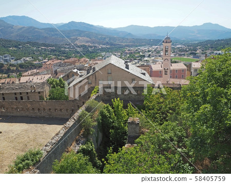 view on village calenzana mountain background in corse start of famous gr 20 mountain track 58405759