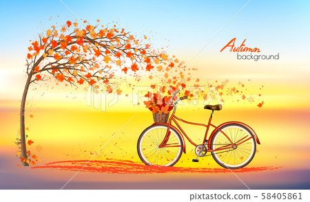 Autumn background with a tree and a bike with 58405861