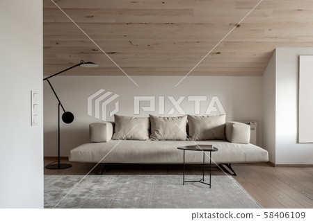 Light modern interior with sloping wooden ceiling 58406109