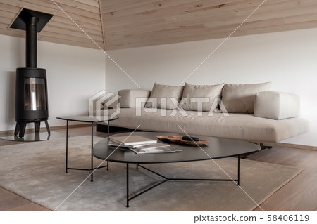 Light modern interior with sloping wooden ceiling Light modern interior with sloping wooden ceiling 58406119