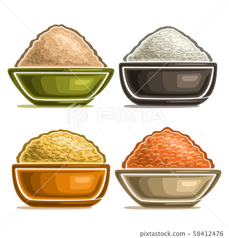 Vector set of different groats in bowls Vector set of different groats in bowls 58412476