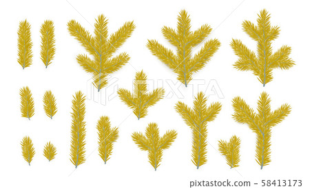 Set of Pine fir golden branches. Spruce branches realistic. Christmas tree Set isolated on white Set of Pine fir golden branches. Spruce branches realistic. Christmas tree Set isolated on white 58413173