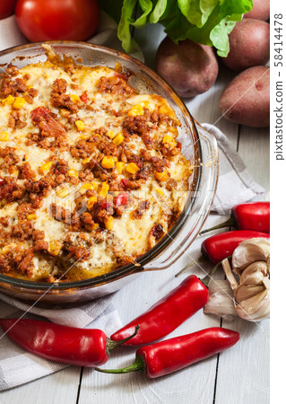 Mexican potato casserole with minced meat 58414478