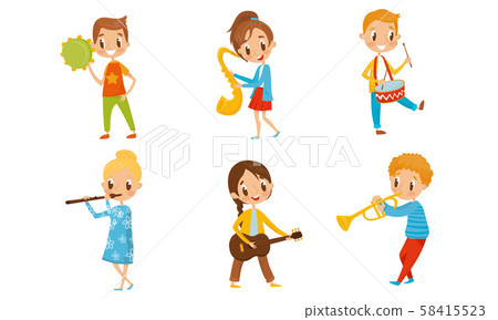 Kid Characters Playing Different Musical Instruments. Boy Playing Drums And Piano. Kid Characters Playing Different Musical Instruments. Boy Playing Drums And Piano. 58415523