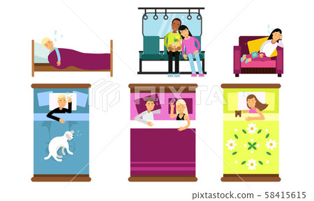 People Sleeping In Different Poses And Places Vector Illustration Set Isolated On White Background 58415615