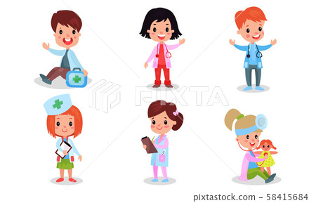 Hospital Routine Pictured By Children In Different Medical Costumes With Green Cross In Vector Hospital Routine Pictured By Children In Different Medical Costumes With Green Cross In Vector 58415684