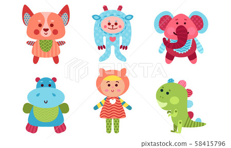 Cute Babies Animals And Human Cartoon Characters Colorful Vector Illustration Set 58415796