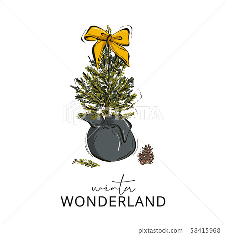 Christmas hand-drawn decoration tree branches with fir-cones, yellow bow and beads isolated on white 58415968
