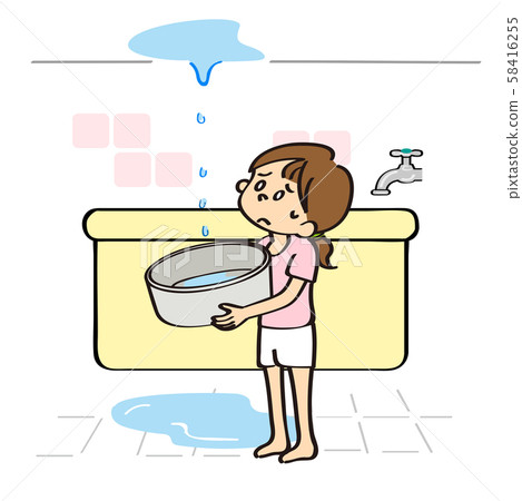 A Woman Who Catches Water Leaking From The Stock Illustration