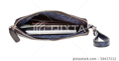 top view of open leather wristlet pouch with money 58417212