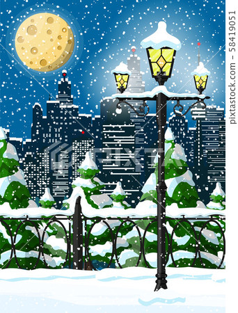 Christmas winter cityscape, snowflakes and trees - Stock Illustration ...