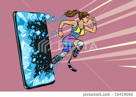 woman runner disabled leg with prosthesis Phone gadget smartphone. Online Internet application woman runner disabled leg with prosthesis Phone gadget smartphone. Online Internet application 58419090