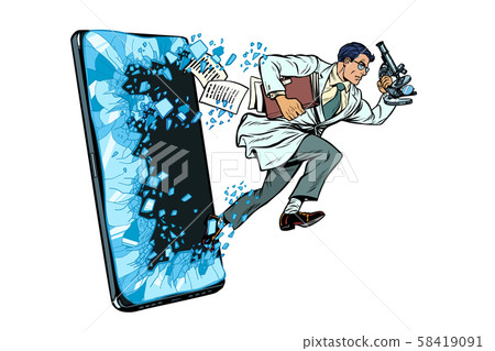 a male scientist with a microscope. Phone gadget smartphone. Online Internet application service 58419091