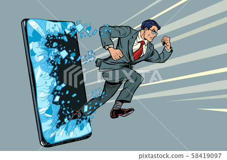 businessman punches the screen Phone gadget smartphone. Online Internet application service program 58419097