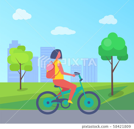 Woman Riding on Bike at Green Trees and Houses Woman Riding on Bike at Green Trees and Houses 58421809