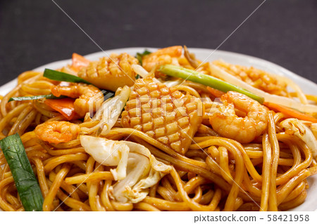Seafood soy sauce fried noodles. Seafood soy sauce fried noodles. 58421958