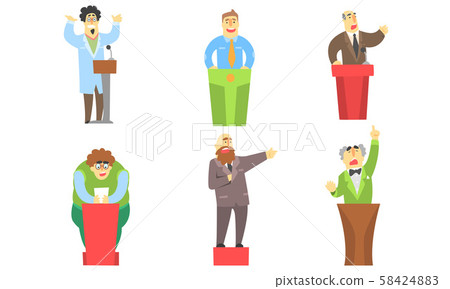 Funny Men Giving Speech at Podium, Orators Cartoon Characters Speaking from Tribune Vector 58424883