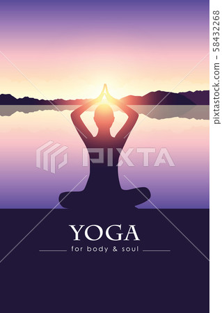 yoga for body and soul meditating person silhouette by the lake with mountain landscape yoga for body and soul meditating person silhouette by the lake with mountain landscape 58432268