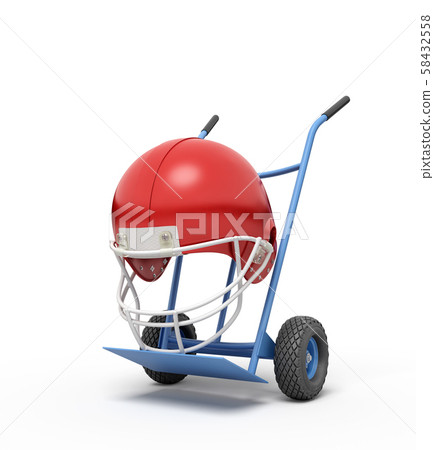 3d rendering of navy blue hand truck standing upright with red sport helmet on it. 58432558