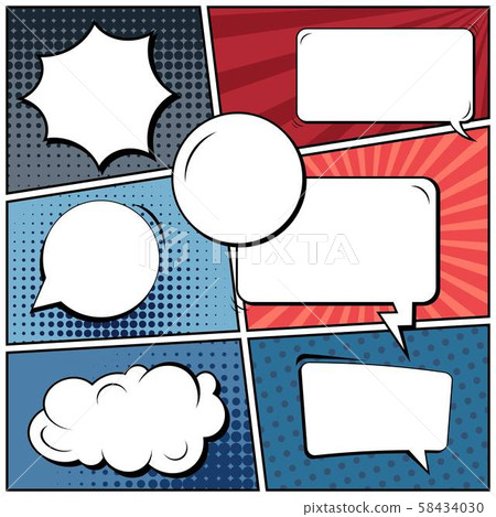 Abstract creative concept vector comic pop art style blank, layout template with clouds beams and 58434030