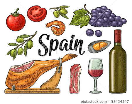 Spain traditional food set. Vector vintage color Spain traditional food set. Vector vintage color 58434347
