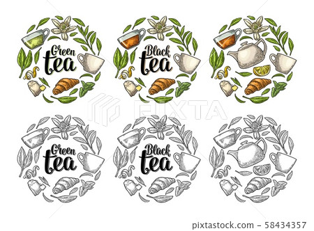 Set with lettering Black Green Tea. Vector vintage 58434357