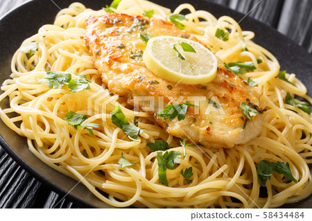 cooked chicken Francaise with spaghetti in lemon cooked chicken Francaise with spaghetti in lemon 58434484