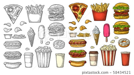 Set fast food. Coffee, hamburger, pizza, hotdog, Set fast food. Coffee, hamburger, pizza, hotdog, 58434521