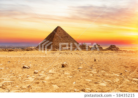 The Pyramid or Menkaure and the Pyramids of the queens at sunset, Giza, Egypt 58435215
