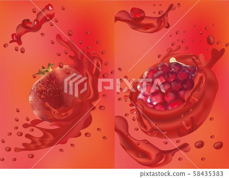 Pomegranate spray, pomegranate juice, fresh fruit. Vector graphics. Garnet close-up Pomegranate spray, pomegranate juice, fresh fruit. Vector graphics. Garnet close-up 58435383