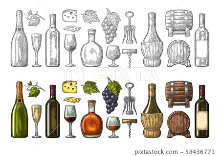 Set drinks made from grapes. Wine, brandy, champagne Set drinks made from grapes. Wine, brandy, champagne 58436771