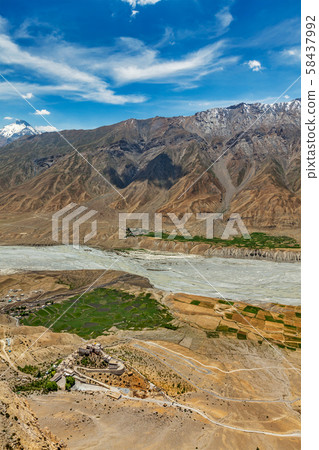 Aerial view of Spiti valley and Key gompa in Himalayas 58437992