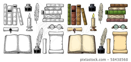 Set education. Inkwell with feather, pile books, Set education. Inkwell with feather, pile books, 58438568