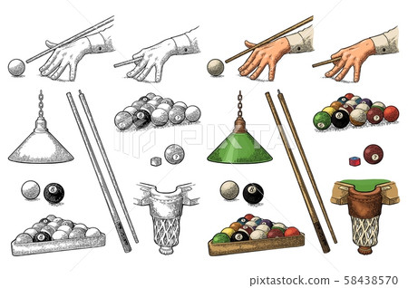 Set billiard. Stick, balls, chalk, pocket and Set billiard. Stick, balls, chalk, pocket and 58438570