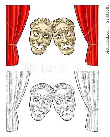 Comedy and tragedy theater masks. Vector engraving 58438583