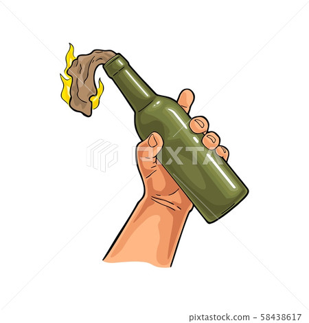 Male hand holding Molotov Cocktail. Flat vintage 58438617
