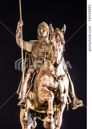 Bronze equestrian statue of Saint Wenceslas on Wenceslas Square in Prague by night, Czech Republic Bronze equestrian statue of Saint Wenceslas on Wenceslas Square in Prague by night, Czech Republic 58438991