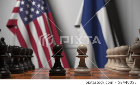 Flags of USA and Finland behind pawns on the chessboard. Chess game or political rivalry related 3D Flags of USA and Finland behind pawns on the chessboard. Chess game or political rivalry related 3D 58440053