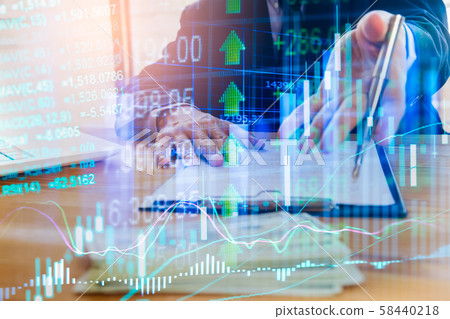 Stock market or forex trading graph and candlestick chart suitable for financial investment concept. Economy trends background for business idea and all art work design. Abstract finance background. Stock market or forex trading graph and candlestick chart suitable for financial investment concept. Economy trends background for business idea and all art work design. Abstract finance background. 58440218