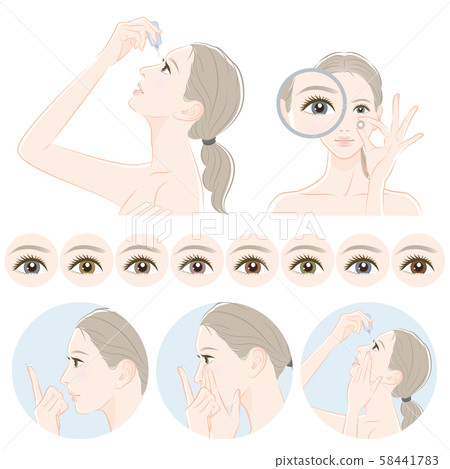 Illustration of a woman taking care of eyes: contact lenses 58441783
