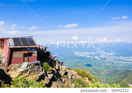 Yatsugatake mountain climbing in spring: Akadake summit mountain villa and Nobeyama plateau seen from the summit of Akadake 58442252