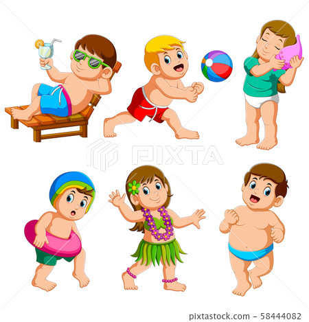 Collection of boy and girl on summer vacation on the beach Collection of boy and girl on summer vacation on the beach 58444082