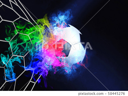 A soccer ball that breaks through the goal net 58445276